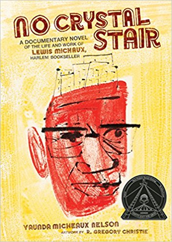 The cover of No Crystal Stair. It has a yellow background and an impressionistic drawing of Lewis Michaux's face on it.