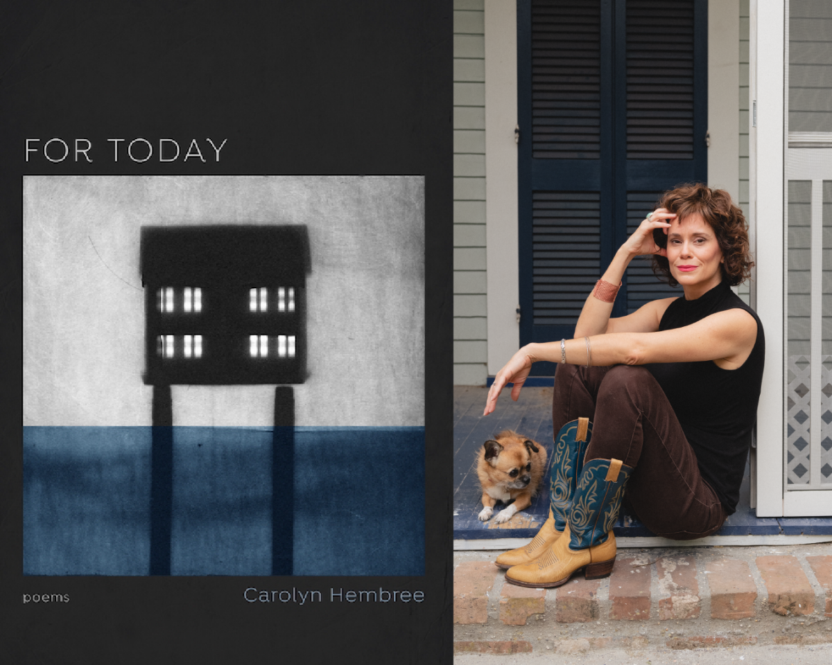 The cover image of Carolyn Hembree's poetry collection FOR TODAY (left), beside a photo of author Carolyn Hembree sitting on a porch beside a small dog.