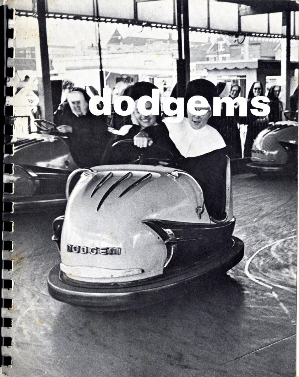Front cover of Dodgems 1, featuring a B&W photo of a nun on a bumper car.