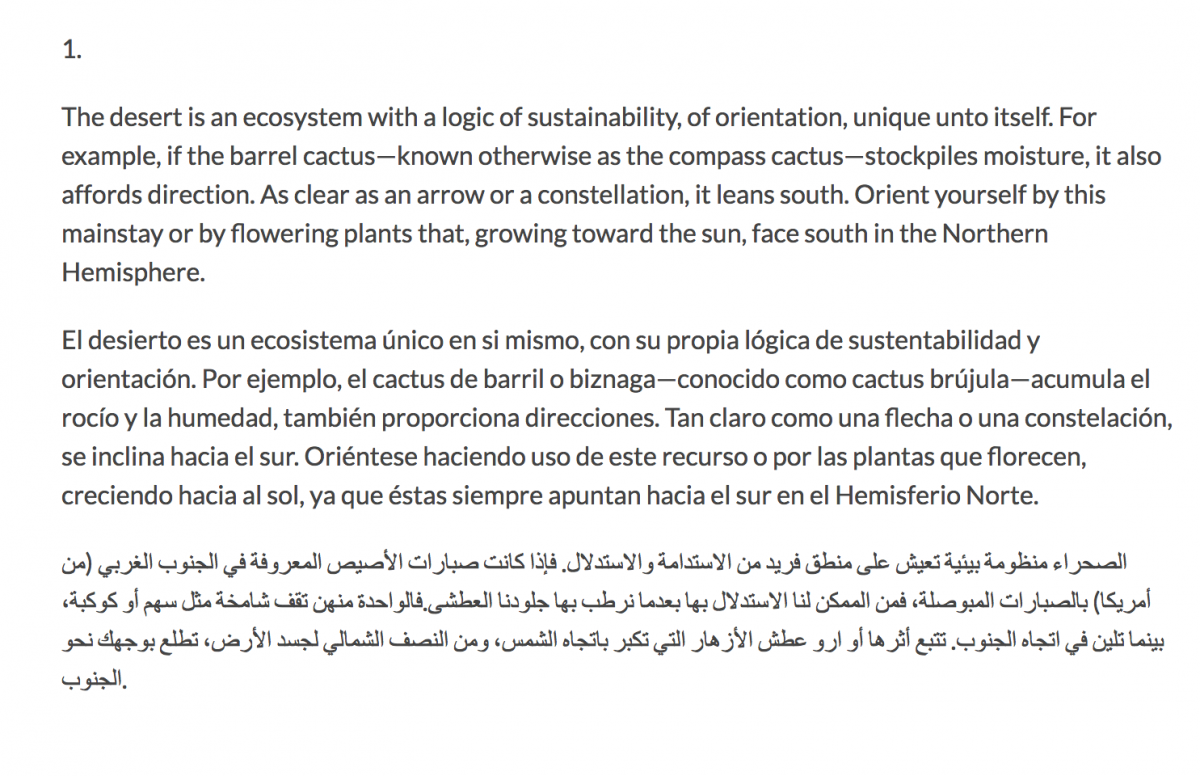 Border crossing instructions in English, Spanish, and Arabic--part of “The Desert Survival Series/La serie de la sobrevivencia del desierto.” Read an excerpt of the collaborative project here