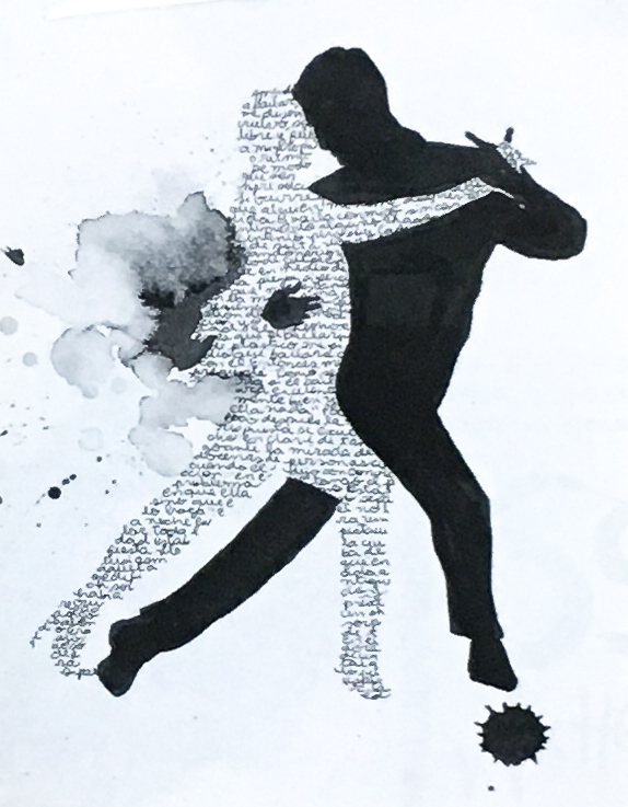 Image of a woman and a man dancing. The shape of the woman's body is created by a layout of handwritten words.