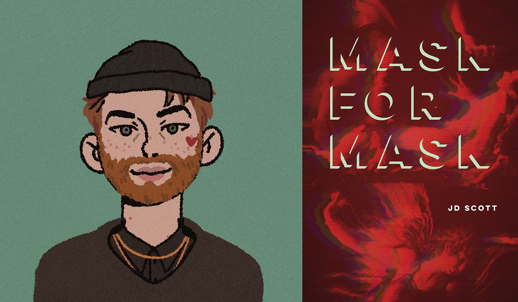 illustration of JD Scott and the cover of Mask for Mask