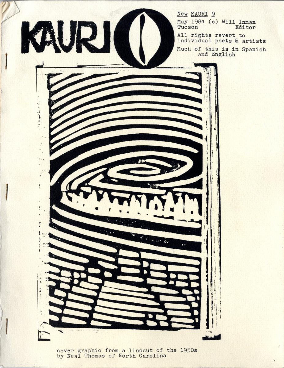 Front cover of Kauri, no. 9, featuring an abstract B&W design. 