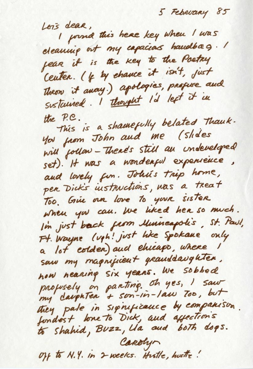 Handwritten letter by Carolyn Kizer to Lois Shelton dated 1985