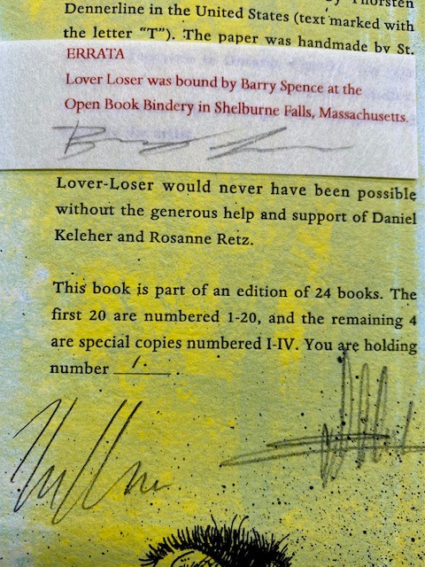 The colophon from Lover Loser. Printed in an edition of 24 copies.