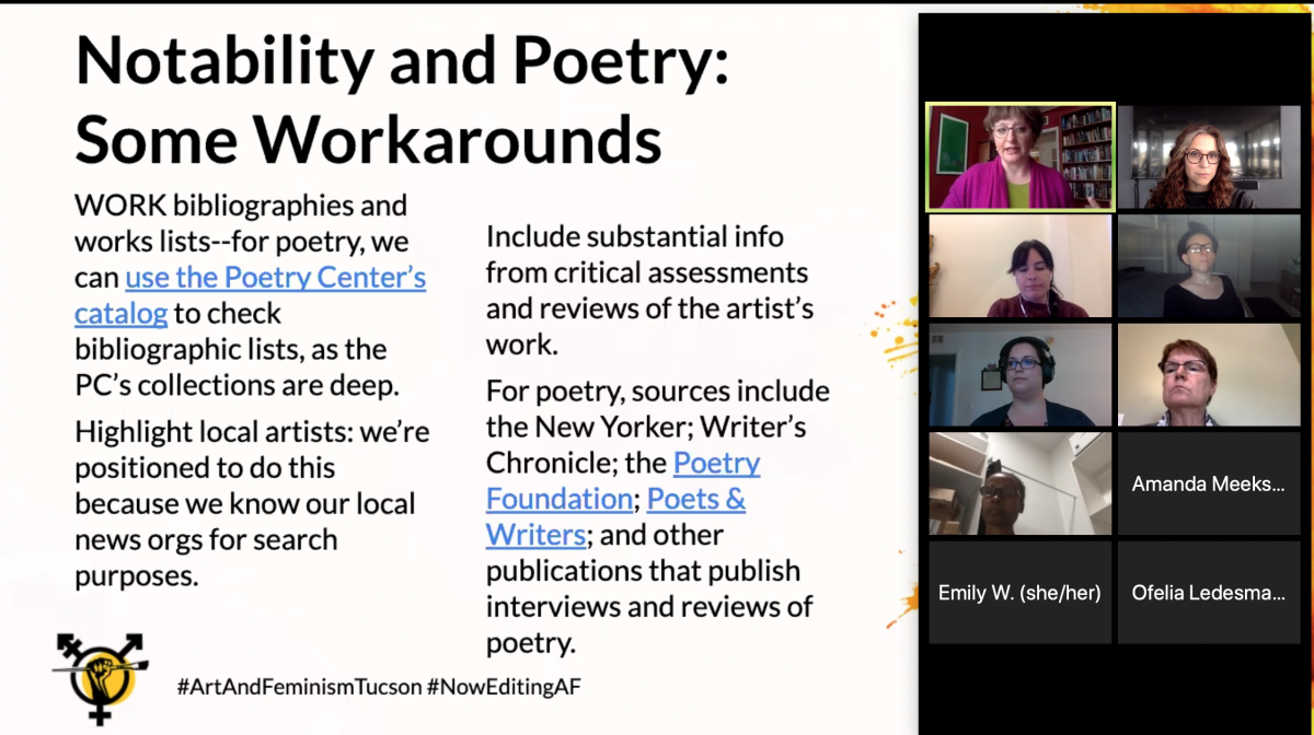 Screenshot of a Zoom meeting featuring strategies for establishing "notability" in poetry articles, including resources like the Poetry Center catalog, online publications and websites, and local news sources.