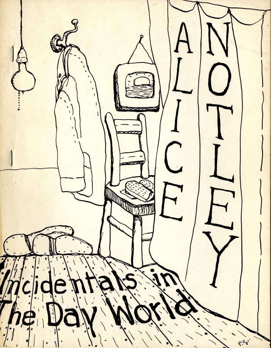 Front cover of Alice Notley's Incidentals in the Day World, with an illustration drawn in black ink.