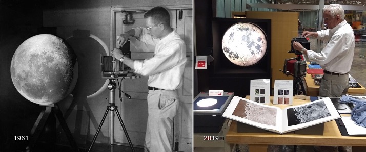 On the left, a man stands next to an image of the moon projected onto a large sphere in 1961; on the left, the same man recreates the image in 2019.