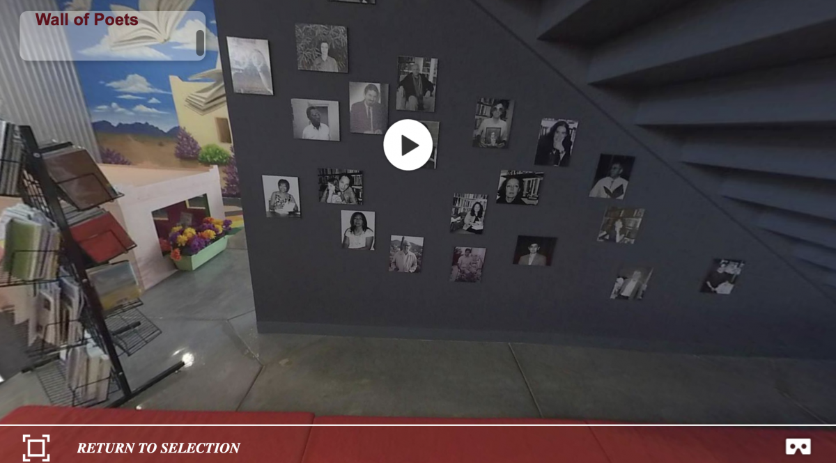 Wall of Poets featuring portraits of visiting writers under the stairs at the Poetry Center