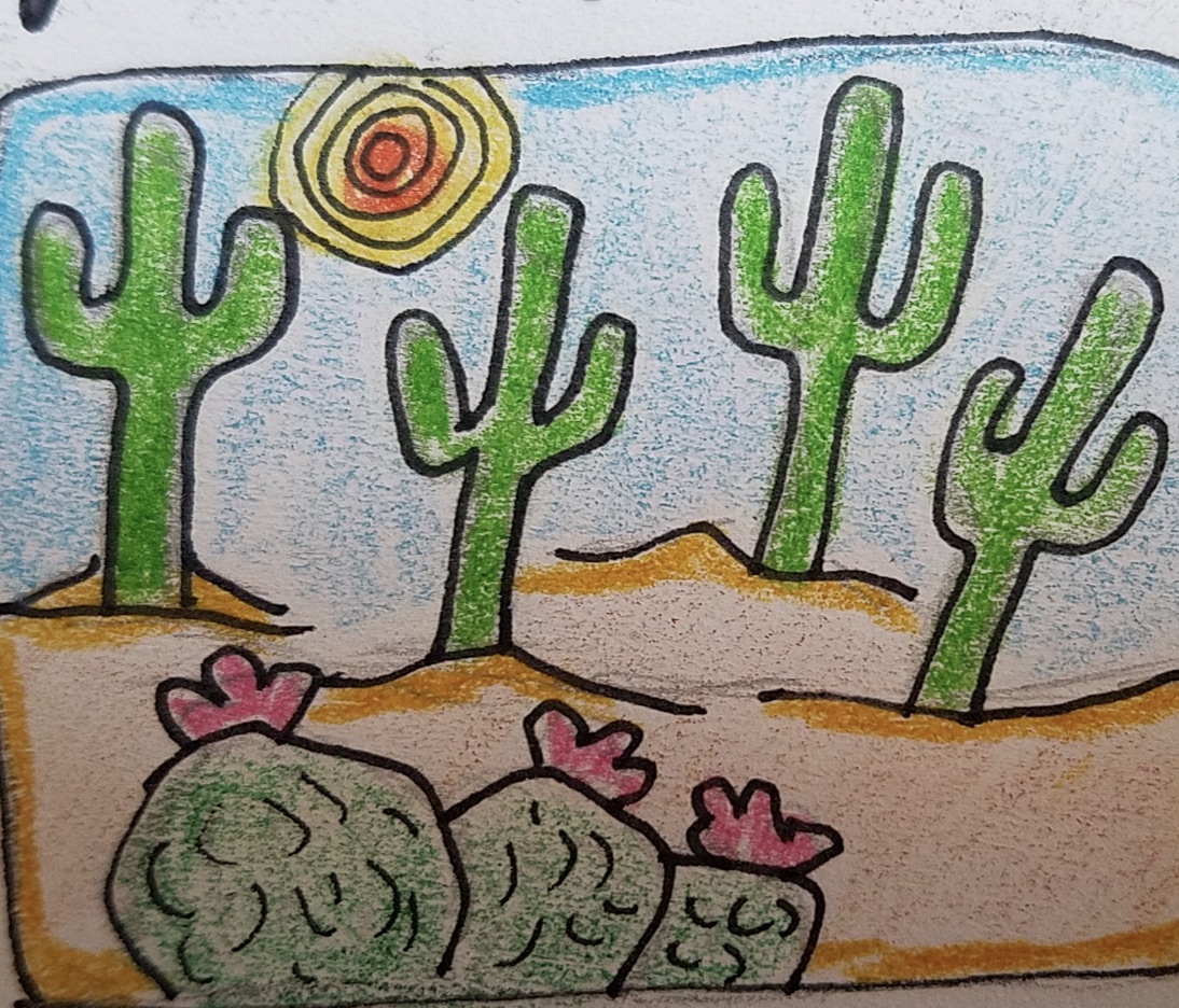 Drawing of saguaro and barrel cactuses in the desert