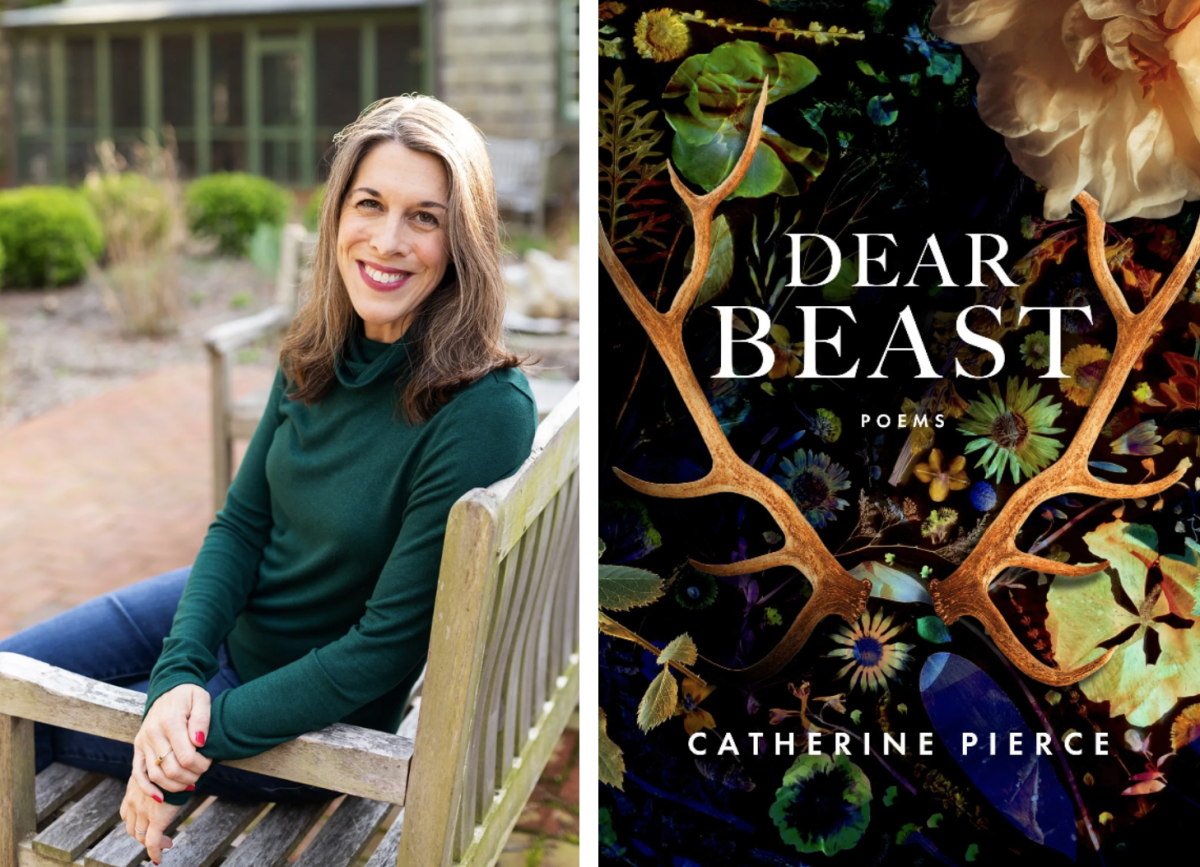 Catherine Pierce (left) beside her newest poetry collection Dear Beast (right).