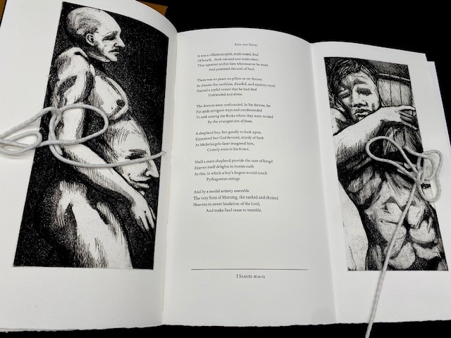 A page spread from Seance for a Minyan, with a poem in the center of a triptych, flanked by two black and white images. 