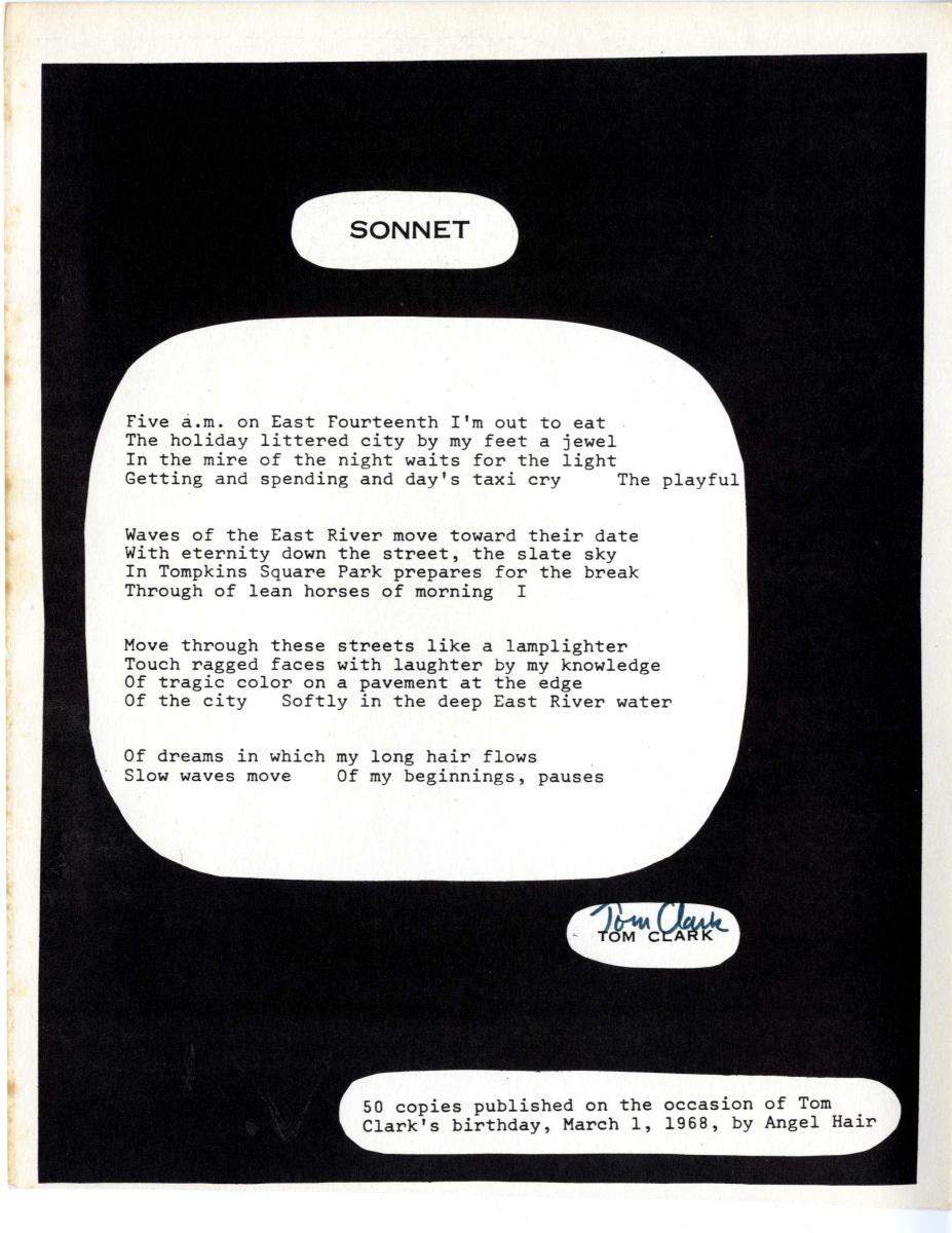 A broadside presentation of Tom Clark's poem "Sonnet."