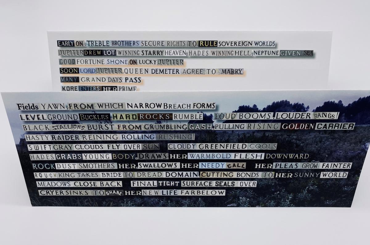 Interior pages of an accordion book standing upright, showing text made from images of words on headstones.