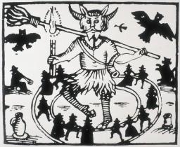 The hobgoblin Robin Goodfellow dances, surrounded by witches