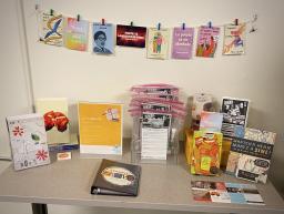 Zines, postcards, and other materials displayed on a gray table and against a white wall