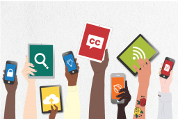 cartoon hands holding digital devices, the center one reading "CC" for closed captioning