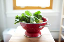 bok choy sitting in a red colander on a counter, bathed in natural light