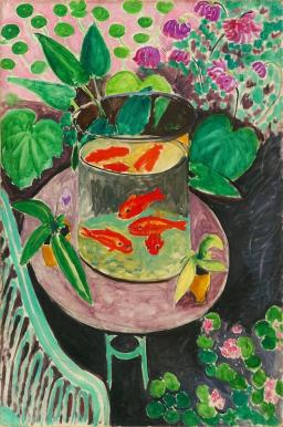 Goldfish in a bowl surrounded by green foliage, image by Henri Matisse