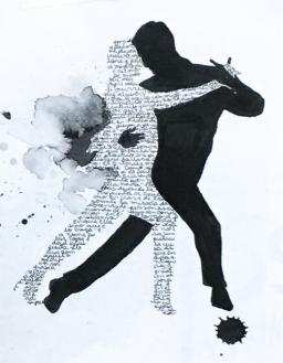 An image of a man and a woman dancing. The outline of the woman's body is traced using handwritten words.