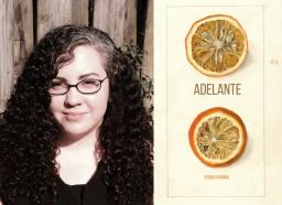 photo of Jessica Guzman next to an image of the cover of her book, Adelante