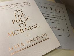 Photo of two chapbooks containing inaugural poems by Maya Angelou and Richard Blanco.