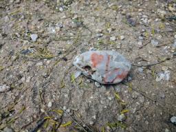 A small rock with a red heart sit on the ground in a desert landscape