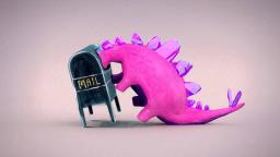 a big stegosaurus sticks his head in a mailbox 