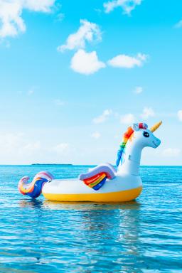Unicorn inflatable raft floating in blue water beneath a blue sky / photo by Merrit Thomas