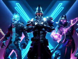 Three Fortnite characters stand beneath lazer beams