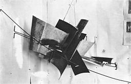 A black and white photo of a metal sculpture, "counter-corner relief"