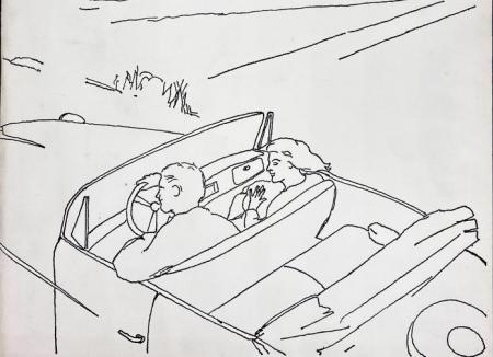 Detail of the cover of Angel Hair Magazine, no. 6. Features a line-drawn black and white illustration of a man and a woman driving through the countryside in a convertible.