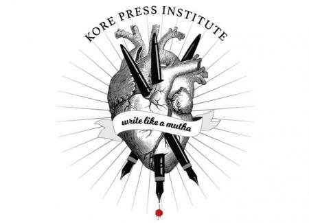 A black and white drawing of a human heart with pens stuck through it and a banner that says "write like a mutha"