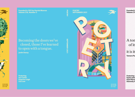 A bright blue cover for the magazine Poetry with the title in white text over a colorful opening door.