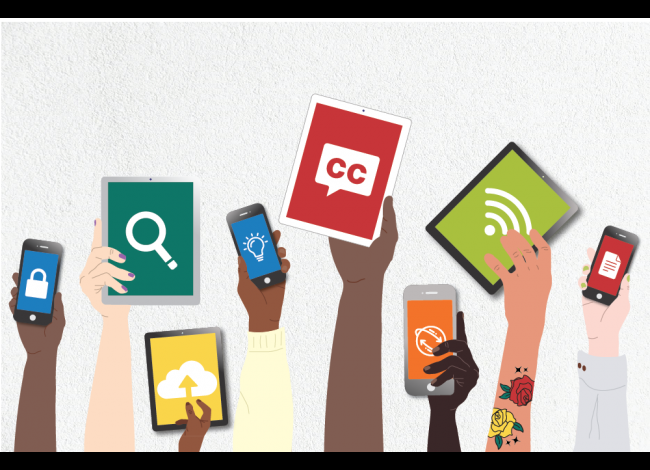cartoon hands holding digital devices, the center one reading "CC" for closed captioning